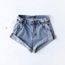 Fashion High-waisted Solid Color Turn Up Loose Pattern Denim Shorts