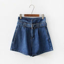 Women Casual Loose Pattern Belted High-waisted Wide Leg Denim Shorts