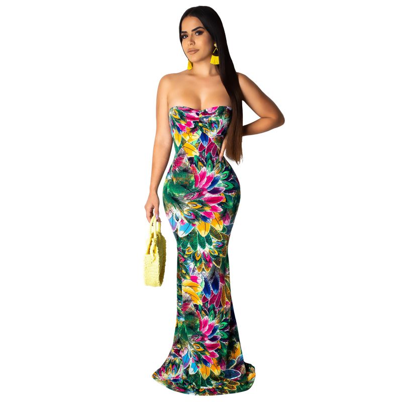 Elegant Women Strapless Floral Print Long Length Fishtail Party Dress