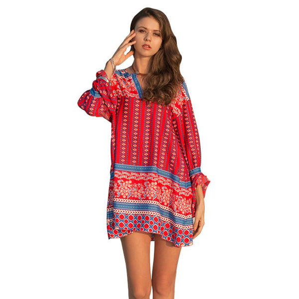 Ethnic Style V Neck Flare Sleeve Loose Mini Dress