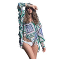 Women Fashion V Neck Long-sleeve Ruffled Graphic Print Blouses