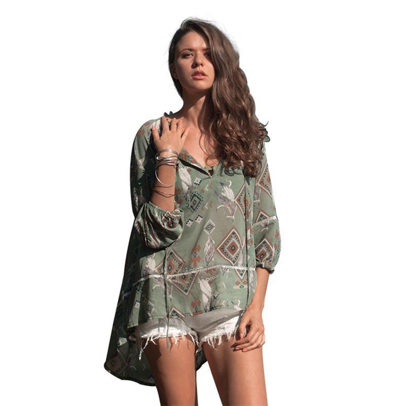 Women Casual Loose V Neck Lantern Sleeve Geometric Print Chiffon Tops