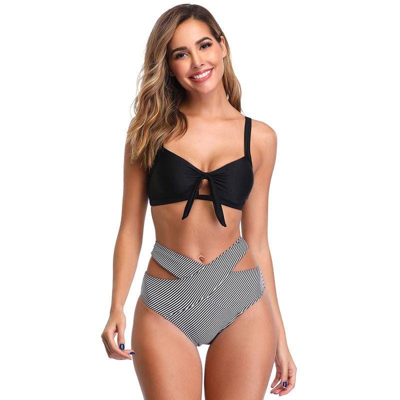 Women Unique Cut Out Lace-up Design High-waisted Two-pieces Swimsuit