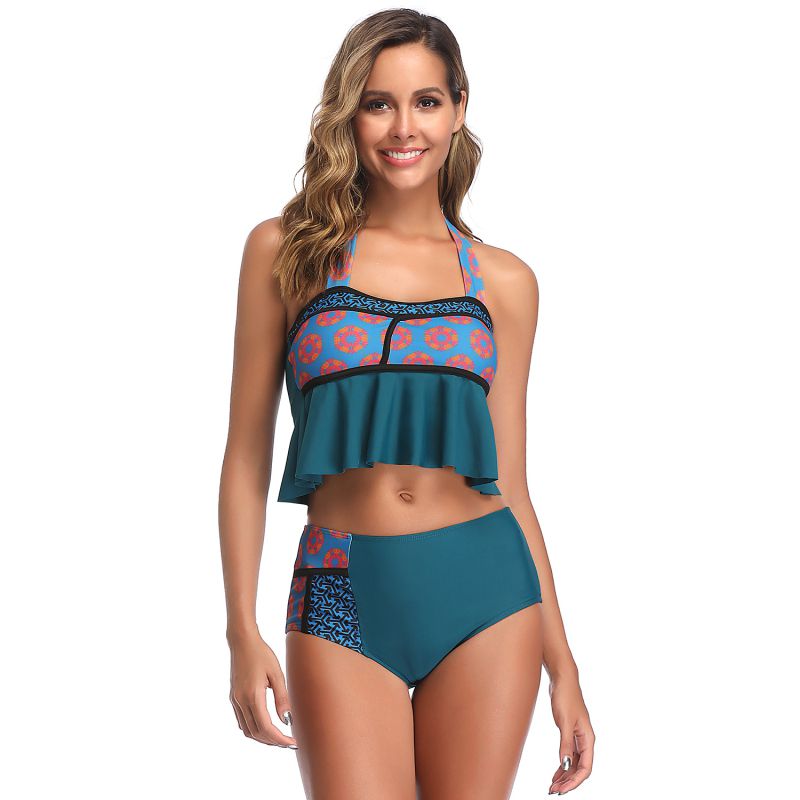 Bohemian Style Women Halter Pattern Flounce Two-pieces Swimsuit