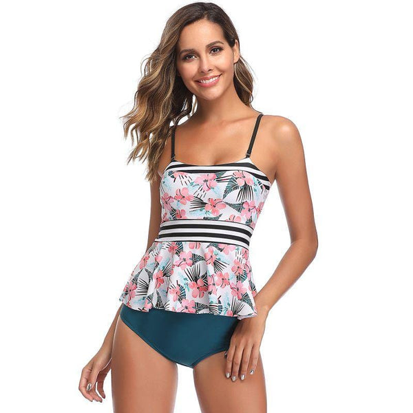 Women Defined Waist Floral Print Two-pieces Spaghetti Strap Swimsuit