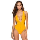 Women Sexy Deep V Neck Cut Out Design Solid Color One-piece Swimwear