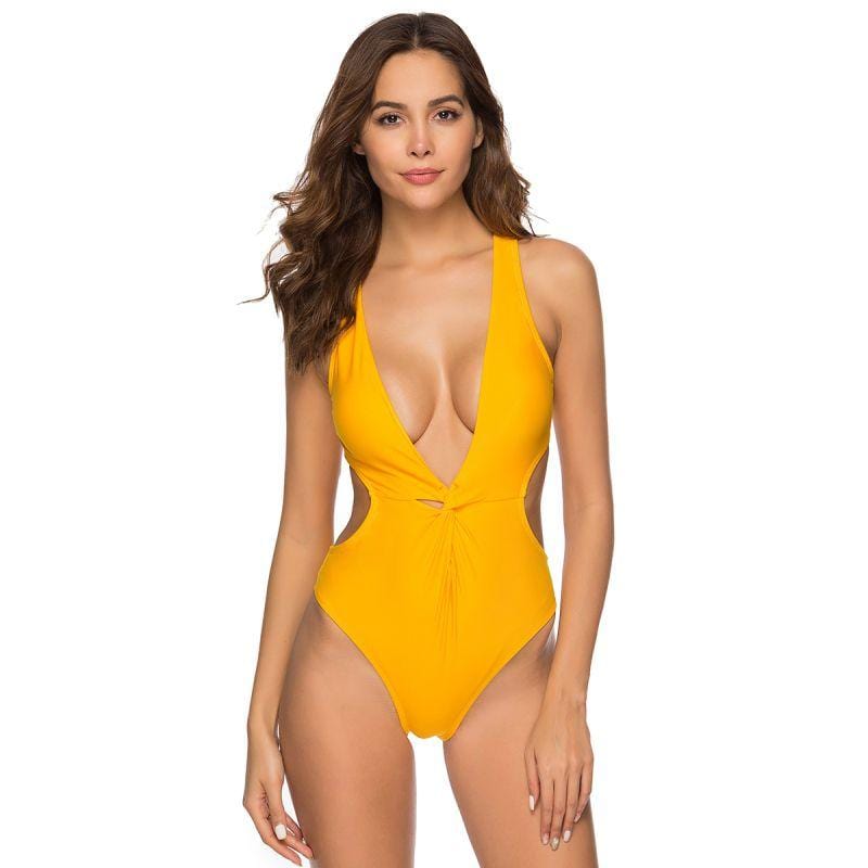 Women Sexy Deep V Neck Cut Out Design Solid Color One-piece Swimwear