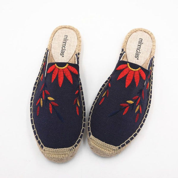 Maple Leaves Embroidered Canvas Upper Linen Insole Mules Shoes