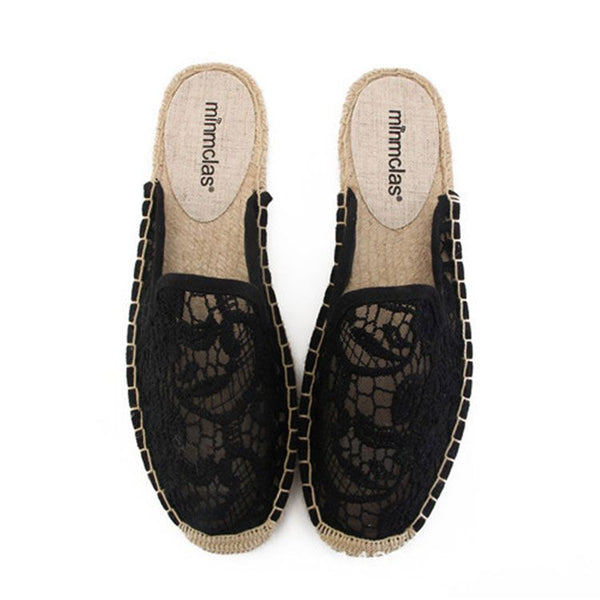 Breathable Lace Upper Cover Toe Linen Insole Flat Mules Shoes