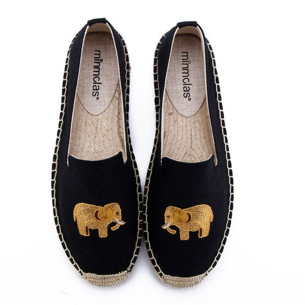 Elephant Embroidered Canvas Upper Flat Espadrilles Shoes