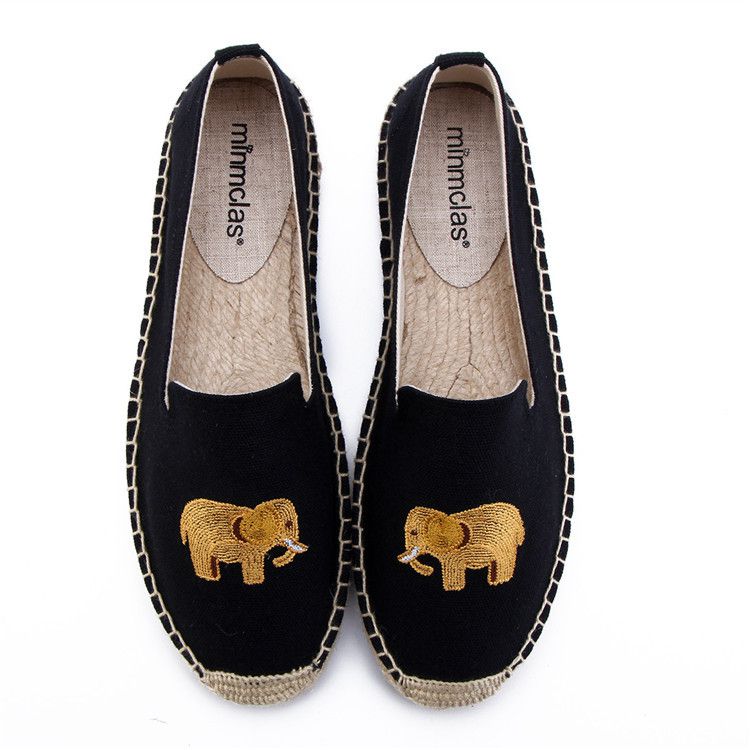 Elephant Embroidered Canvas Upper Flat Espadrilles Shoes