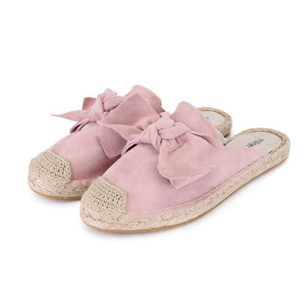 Bowknot Pattern Cover Toe Suede Upper Flat Slippers Shoes