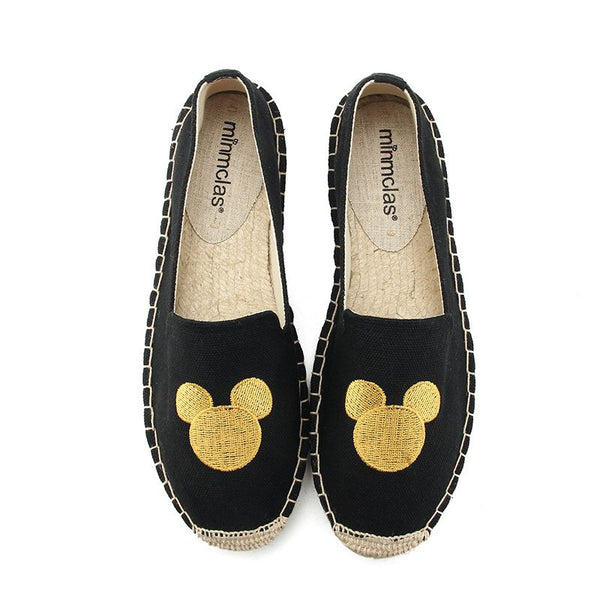 Literature Style Mickey Embroidered Solid Color Flat Loafers Shoes