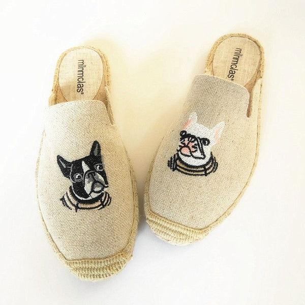 Cartoon Pug Embroidered Low Top Flat Mules Shoes