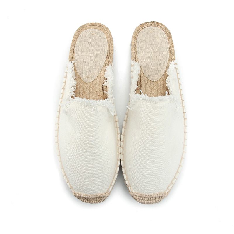 Literature Style Canvas Upper Tassel Edge Design Flat Mules Shoes