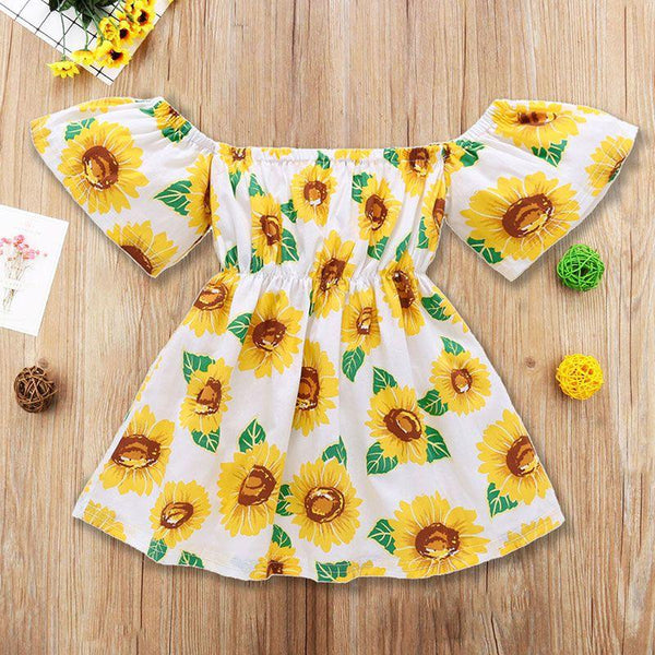 Fashion Kid Girl Sunflower Print Off Shoulder Sundress
