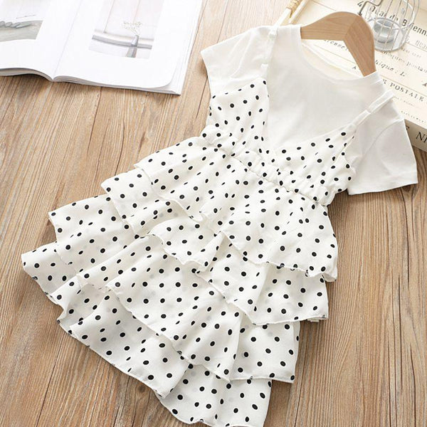2 Pcs Cute Girl White Tees And Dot Print Dresses Set