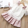 2 Pcs Girl Lace Design Off-shoulder Tops And Dot Print Skirts