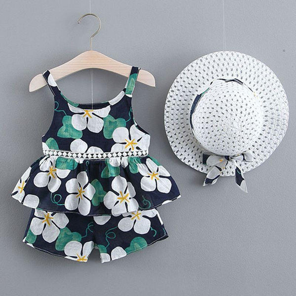 3 Pcs Girl Fresh Style Print Sleeveless Tops And Shorts With Hat