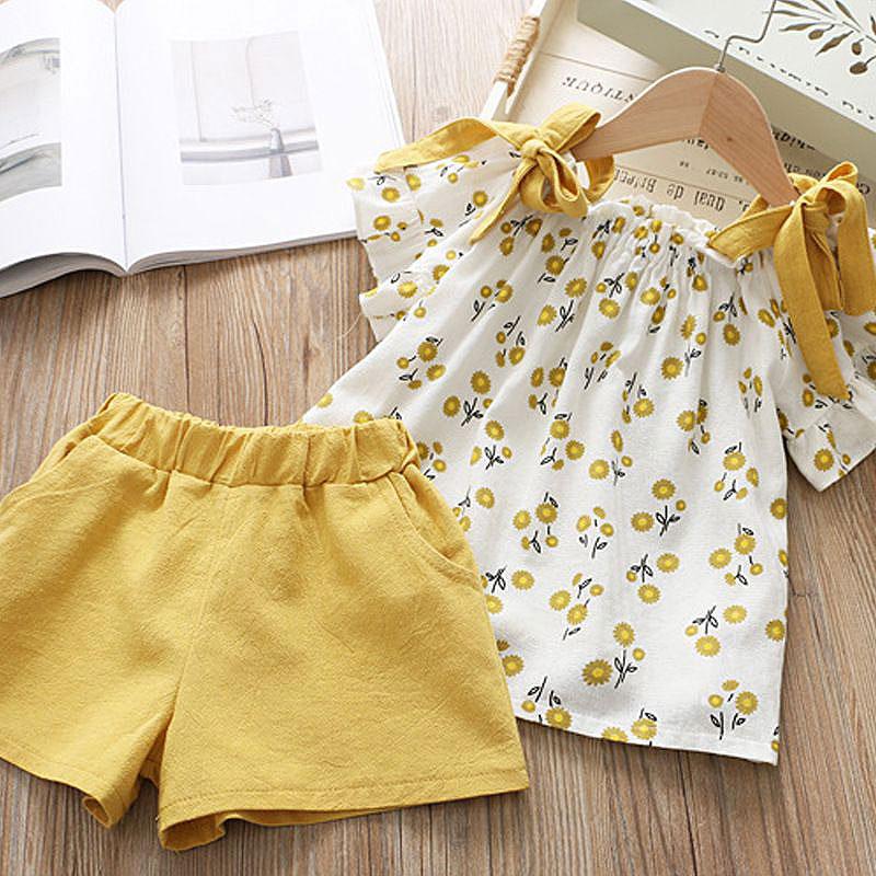 2 Pcs Girl Fresh Flower Print Tops And Shorts