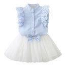 2 Pcs Girls Ruffle Sleeve Striped Print Tops And White Tutu Skirts