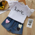 2 Pcs Girl Cotton Lovely Heart Design Tops And Denim Shorts