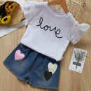 2 Pcs Girl Cotton Lovely Heart Design Tops And Denim Shorts