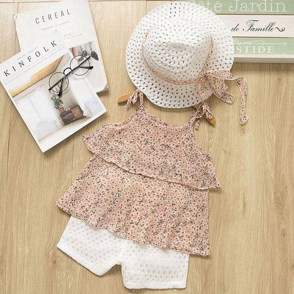 3 Pcs Set Girls Floral Chiffon Halter And White Shorts And Straw Hat
