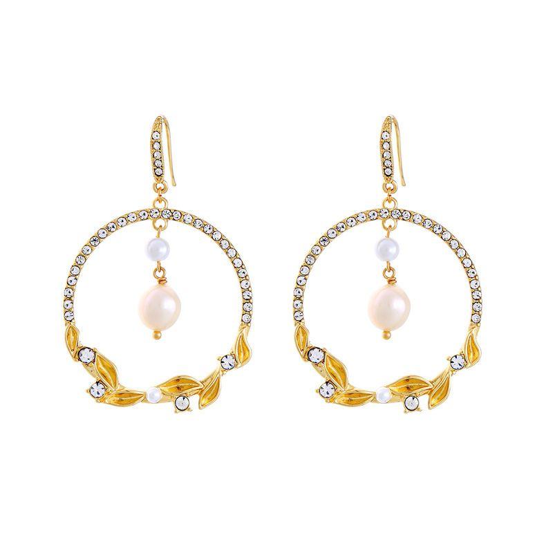 Elegant Women Crystal Decor Hollow Round Shape Pearl Rhinestone Earrings