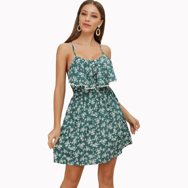 Floral Print Casual Ruffles Overlap Spaghetti Strap Swing Dress