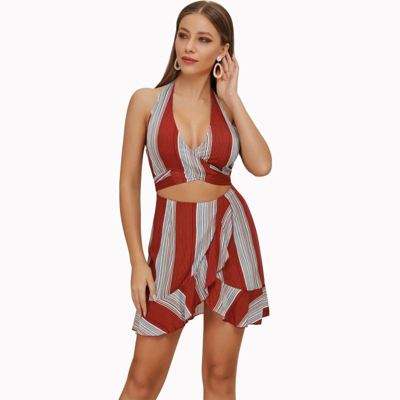 Irregular Contrast Stripes Print Halter Neck Wrapped Dress