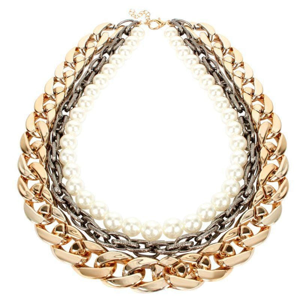 Women Creative Multilayer Chunky Chain Imitation Pearl Party Necklace
