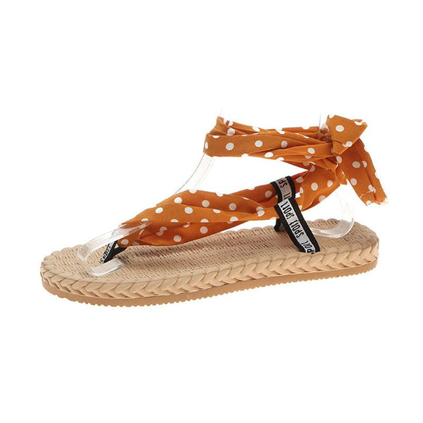 Fashion Outdoor Polka Dot And Floral Printed Fabric Upper Lace up Flip-flop Sandals Shoes