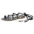 Crossed Lace up Pearl Decor Design Toe Ring Flat Sandals Shoes
