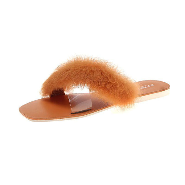 Women Transparent Plush Upper Crossed Design Flat Slippers Shoes
