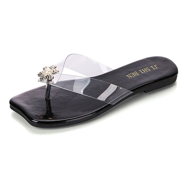Flower Rhinestone Decor Transparent Strap Upper Vacation Style Flip-flop Slippers Shoes