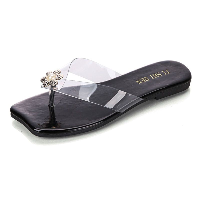 Flower Rhinestone Decor Transparent Strap Upper Vacation Style Flip-flop Slippers Shoes