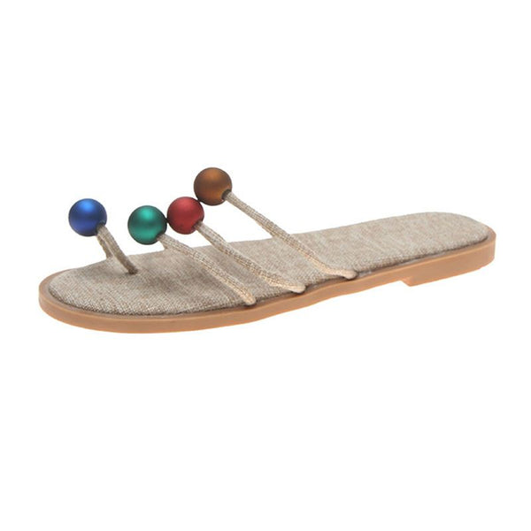 Fashion Toe Ring Multicolor Beaded Design Flat Slippers Shoes