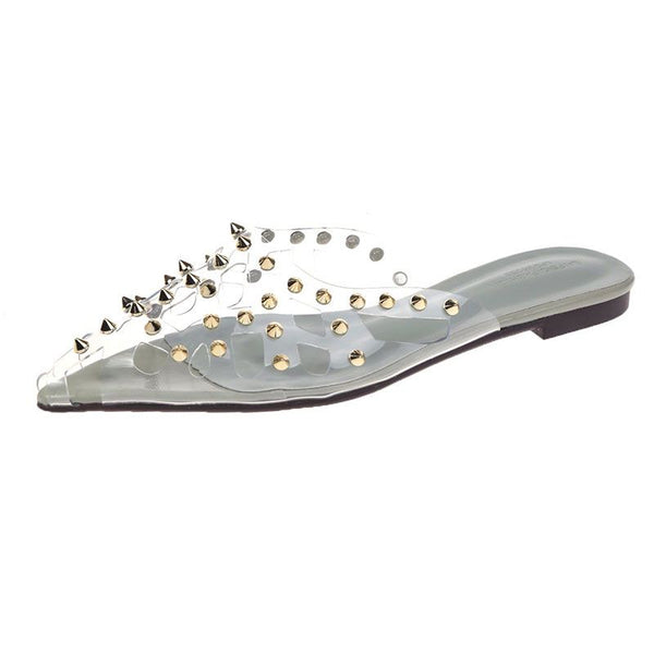 Hollow Out Transparent Upper Rivet Decor Design Flat Mules Slippers Shoes