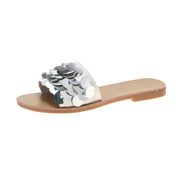 Fashion PU Upper Sequins Decor Design Outdoor Low Heel Slippers Shoes