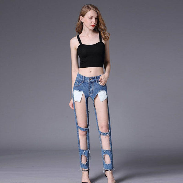 Women Loose Pattern Sexy Cut-out Design Raw Hem Jeans