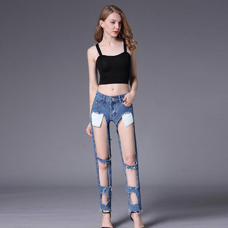 Women Loose Pattern Sexy Cut-out Design Raw Hem Jeans