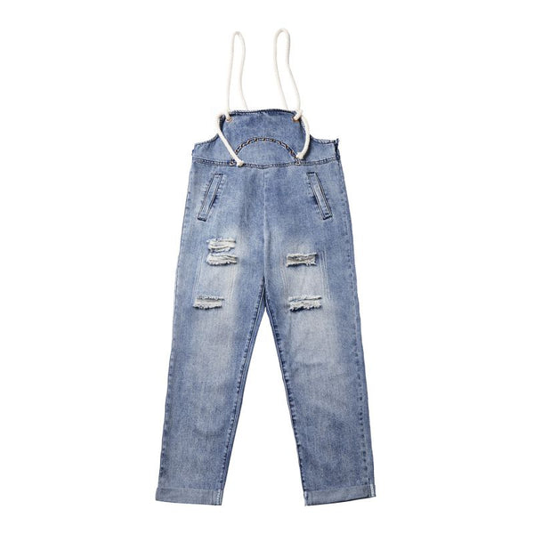 Creative Rope Design Women Loose Pattern Ripped Suspender Jeans