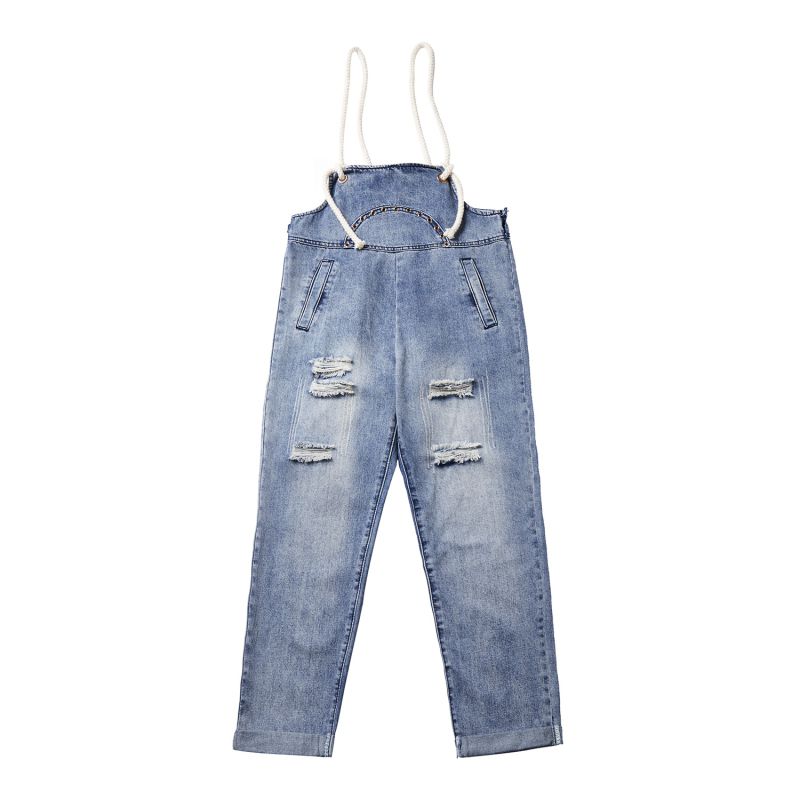 Creative Rope Design Women Loose Pattern Ripped Suspender Jeans