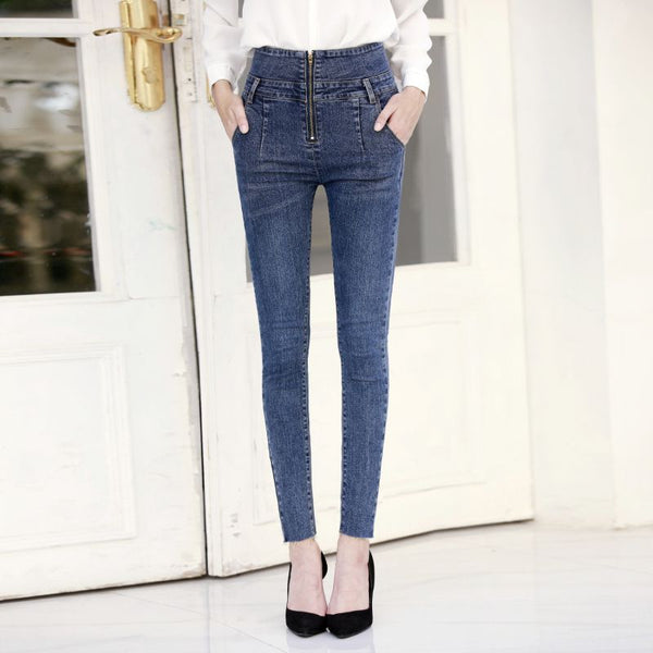 Casual High-waisted Zipper Design Raw Hem Jeans