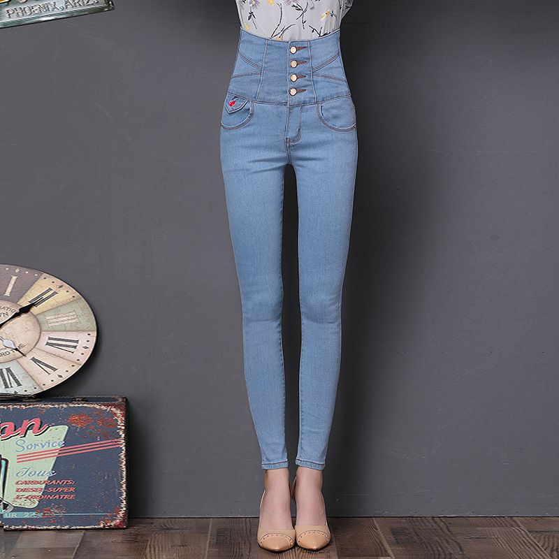 Cute Embroidered Design Women Buttoned High-waisted Skinny Jeans