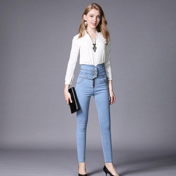 Women Unique Button Belted Design Plain Pattern Skinny Jeans