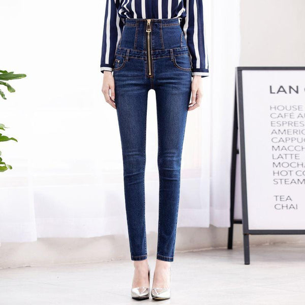 Women High-waisted Zipper Design Skinny Jeans