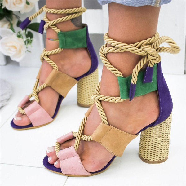 Women Edgy Style Upper Crossed Lace-up Design Peep-toe Chunky Heel Sandals Shoes