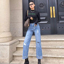 Women Casual Style Wide-leg Ripped Design Flare Jeans